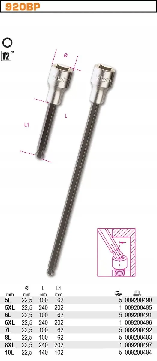 Beta Kogelkopdop 6x100mm - 1/2" Aandrijving
