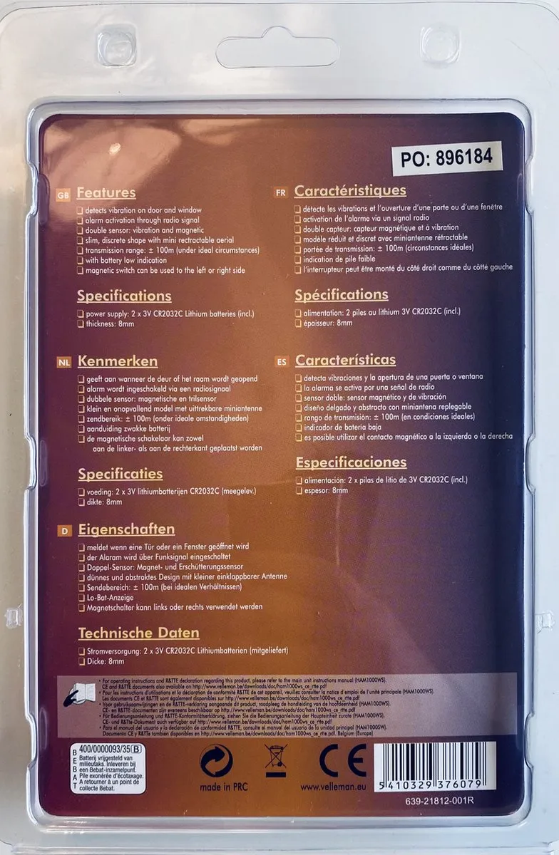 Velleman HAM1000WS/SDWS Draadloze Deur-/Raamsensor - Wit