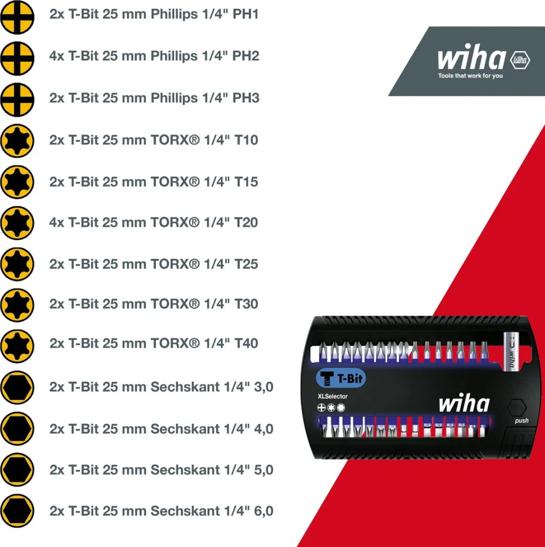 Wiha XLSelector T-Bit 25mm 32-delig - PH1/PH2/TX10/TX15/TX20/TX25/TX30