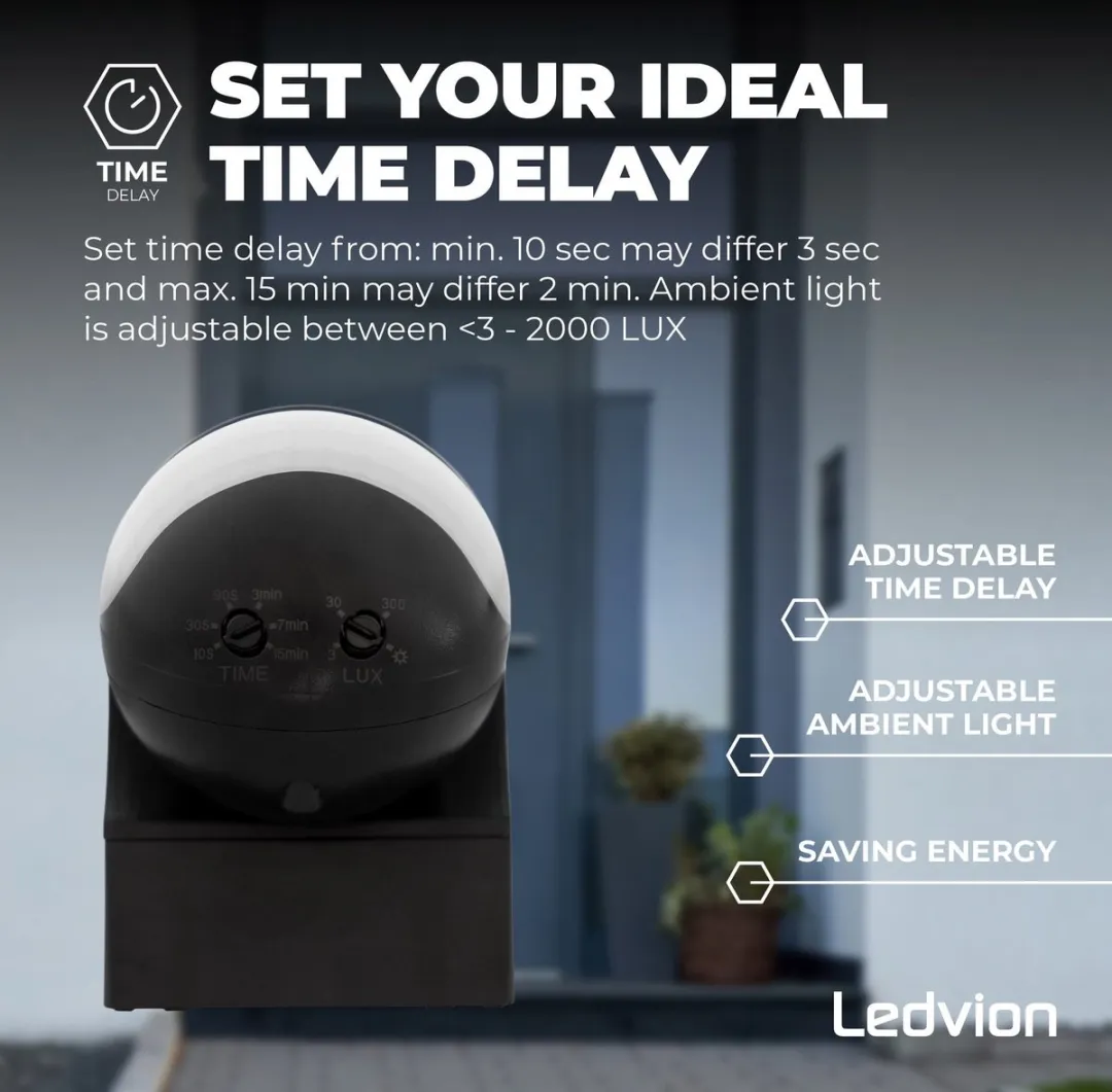 Ledvion Bewegingsmelder Opbouw Zwart - IP44 - 180° - 12m