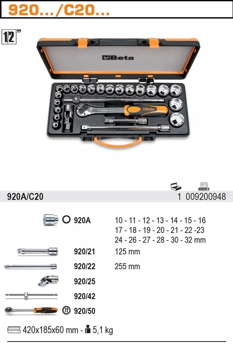 Beta Gereedschapset Doppen 1/2" - 25-delig - Metaalkoffer - afbeelding 4 van 5