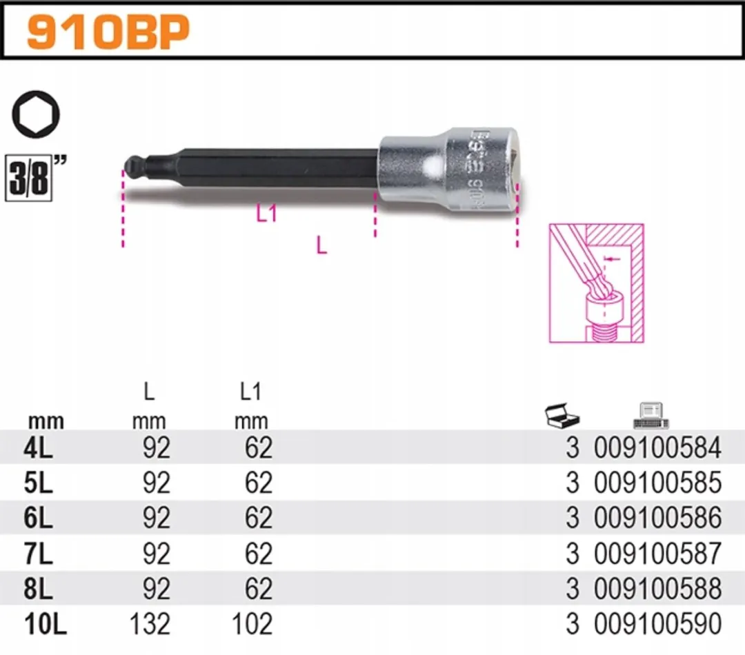 Beta 910BP/8L Zeskantdop 8mm - Kogelkop