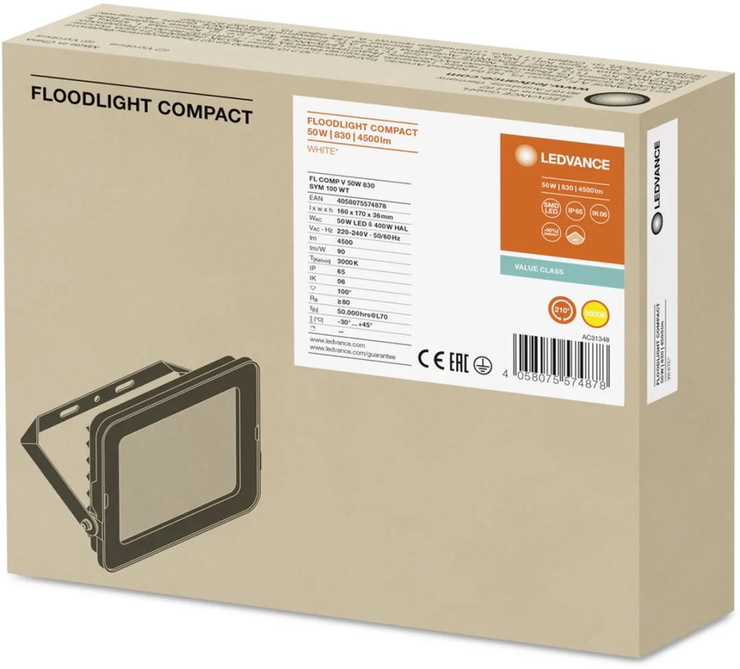 LEDVANCE LED Floodlight Compact 50W 4500lm - 100° Warm Wit IP65 - afbeelding 3 van 4
