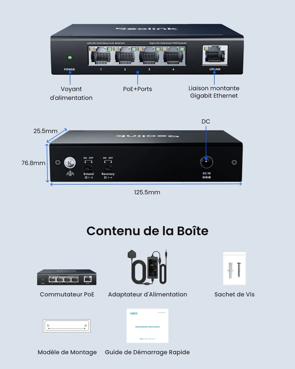 Reolink RLA-PS1E PoE Switch 4+1 Poorten - Zwart