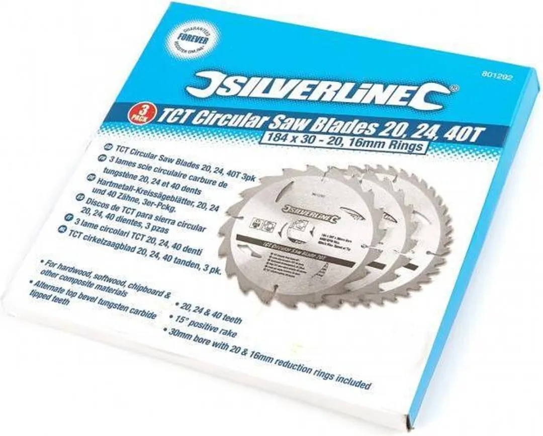 Silverline Cirkelzaagbladenset 184mm - 3-delig 20/24/40 Tanden - afbeelding 6 van 6