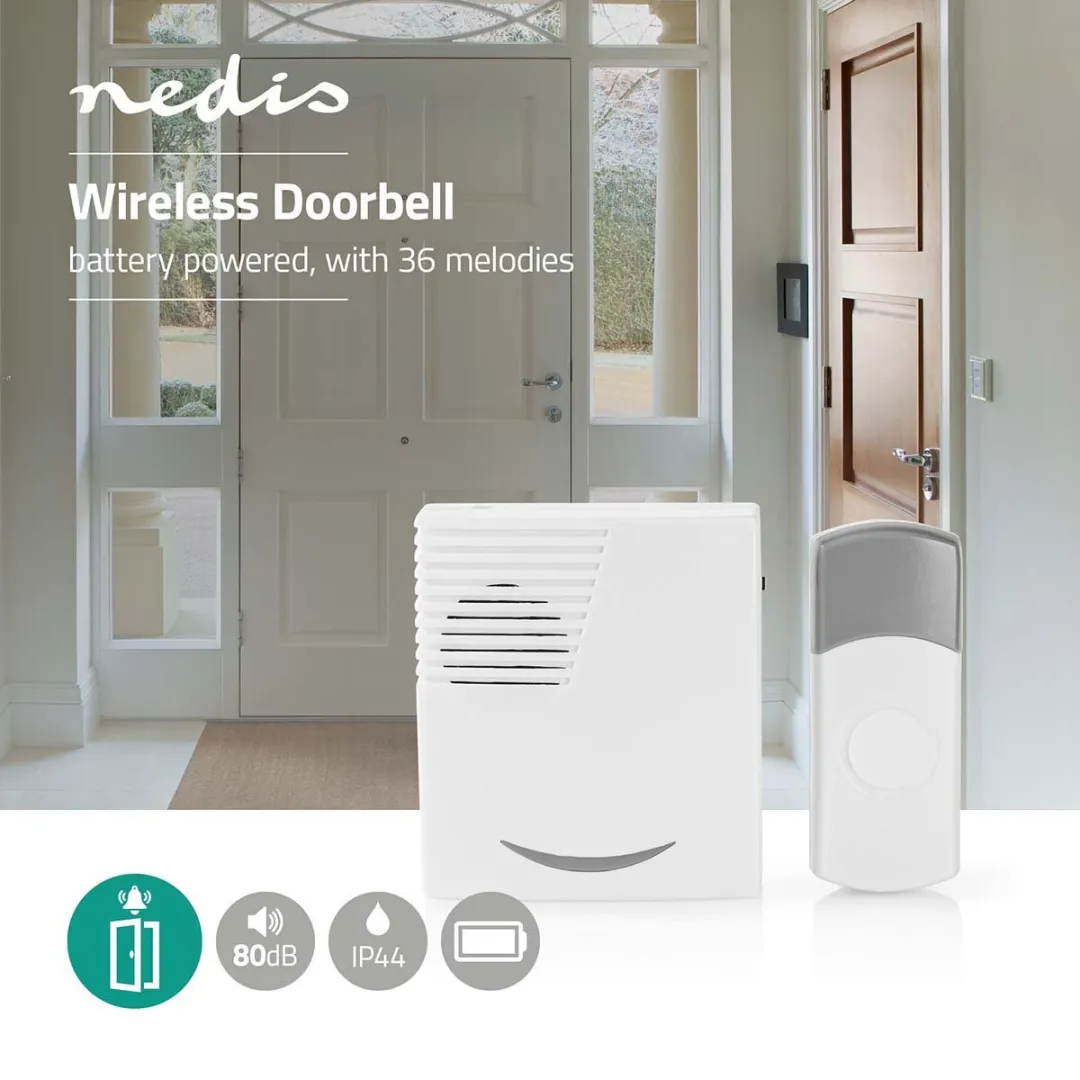 Nedis Draadloze Deurbelset 3V CR2032 - 36 Melodiën 300m - IP44 - Wit/Grijs