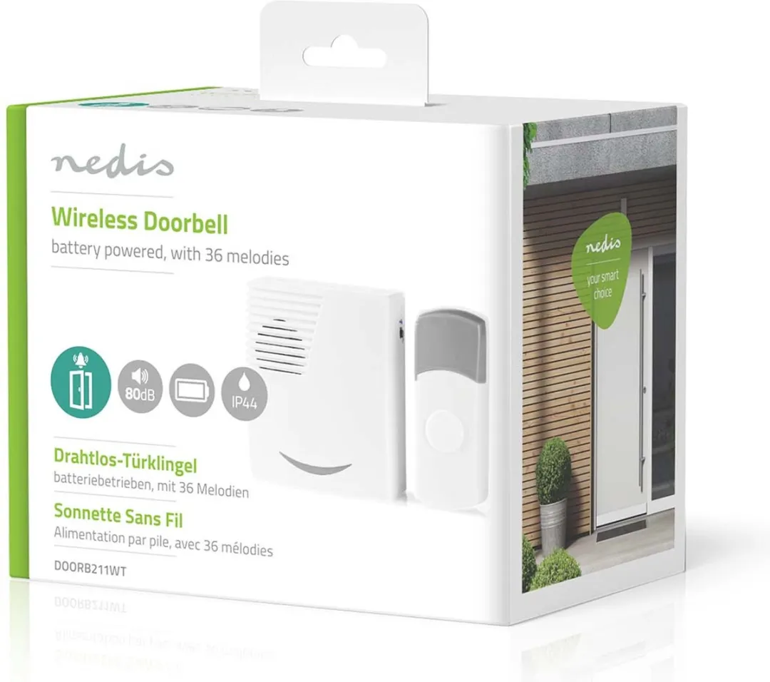Nedis Draadloze Deurbelset 3V CR2032 - 36 Melodiën 300m - IP44 - Wit/Grijs