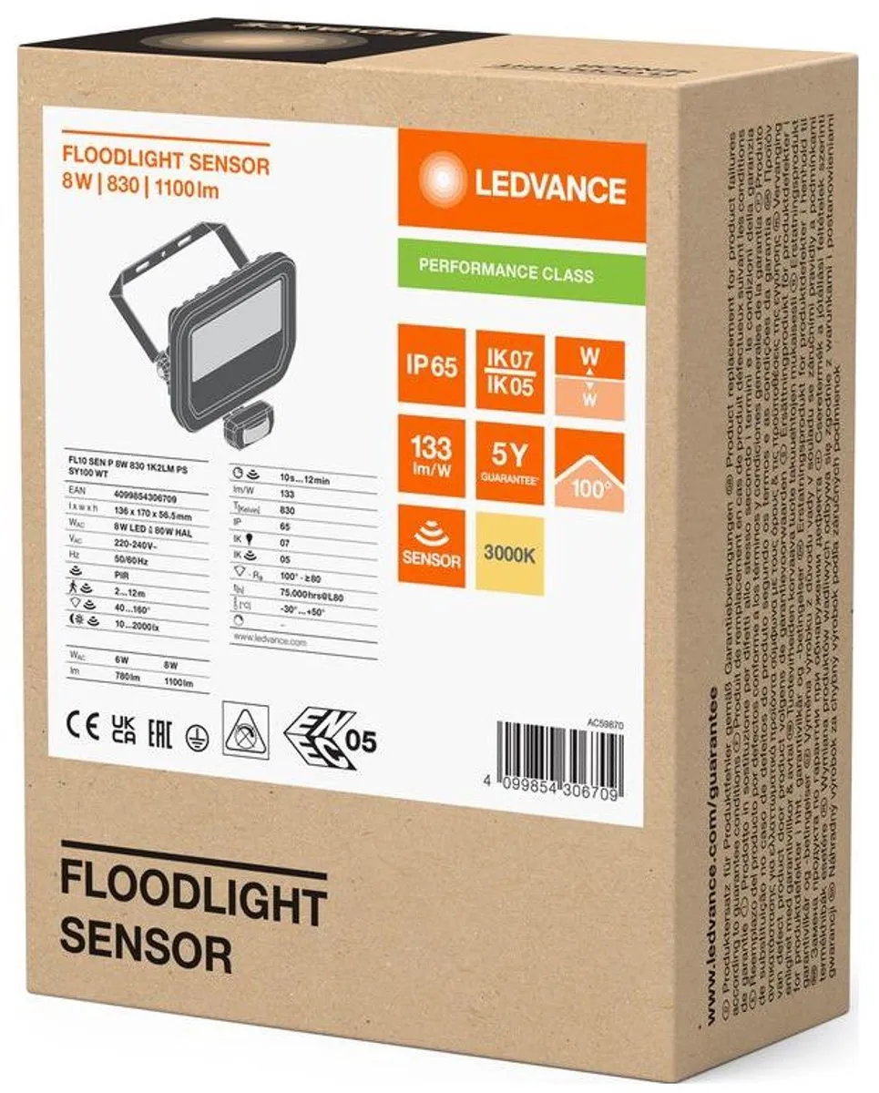 LEDVANCE Breedstraler 8W 1100lm Warm Wit - IP65 Bewegings-/Lichtsensor
