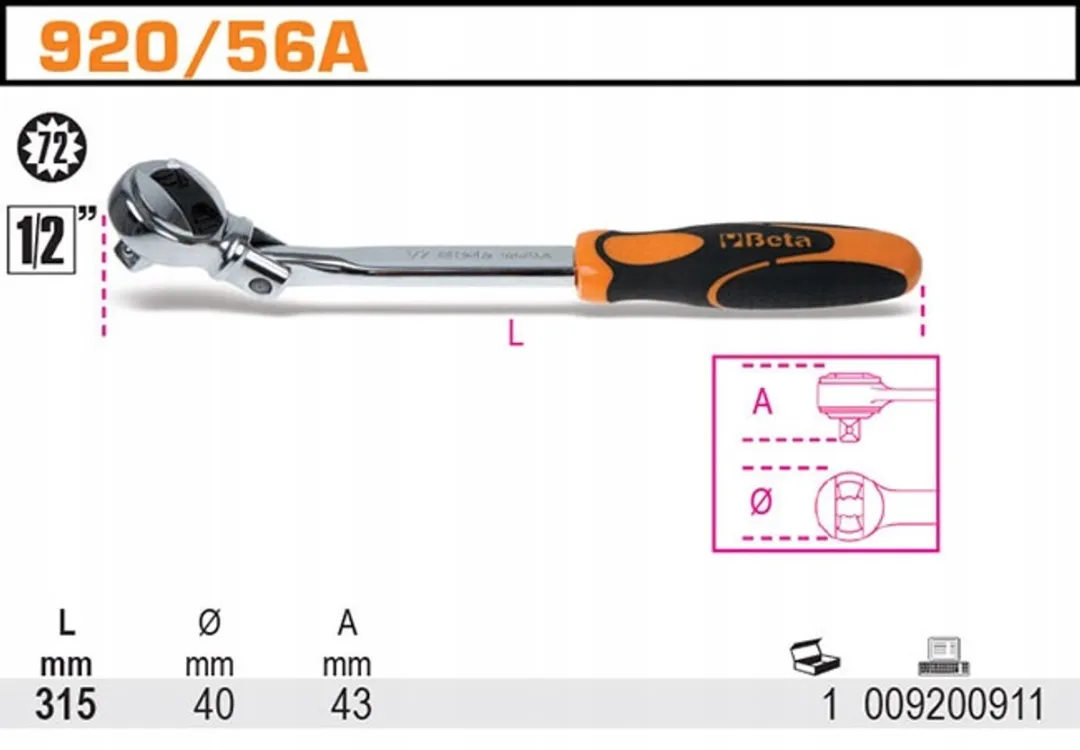 Beta Ratelsleutel 1/2" 315mm - 72 Tanden