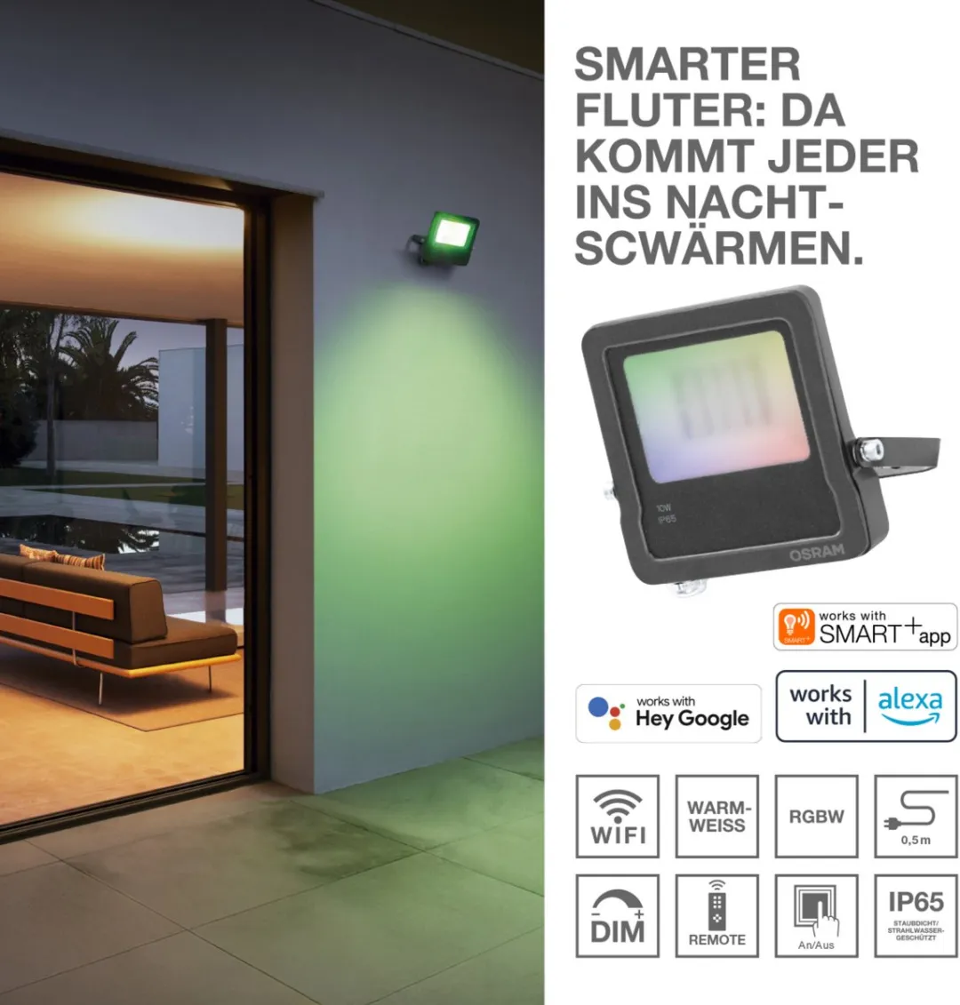 OSRAM SMART+ WiFi-spot met HD-camera, warm wit licht (3000 K), schijnwerper met bewegings- en daglichtsensor, 2000 lumen, dimbaar, IP44