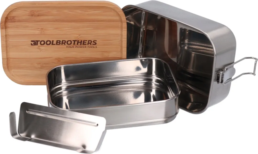 Toolbrothers Fan Roestvrijstalen Broodtrommel 1340ml - 2 Lagen - Bamboe Deksel - Zilver - afbeelding 2 van 6