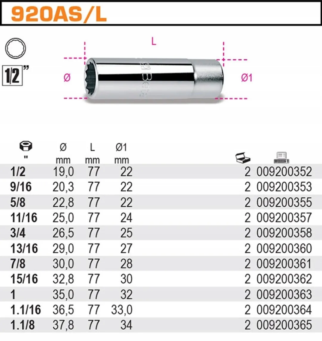 Beta 12-hoekig DOP 1/2" - Lange versie