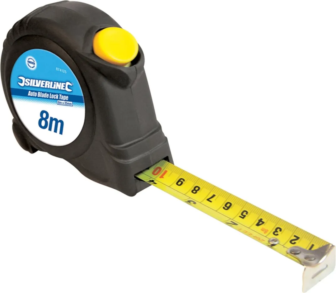 Silverline Rolmaat 8m x 25mm - Automatische vergrendeling - Geel/Zwart