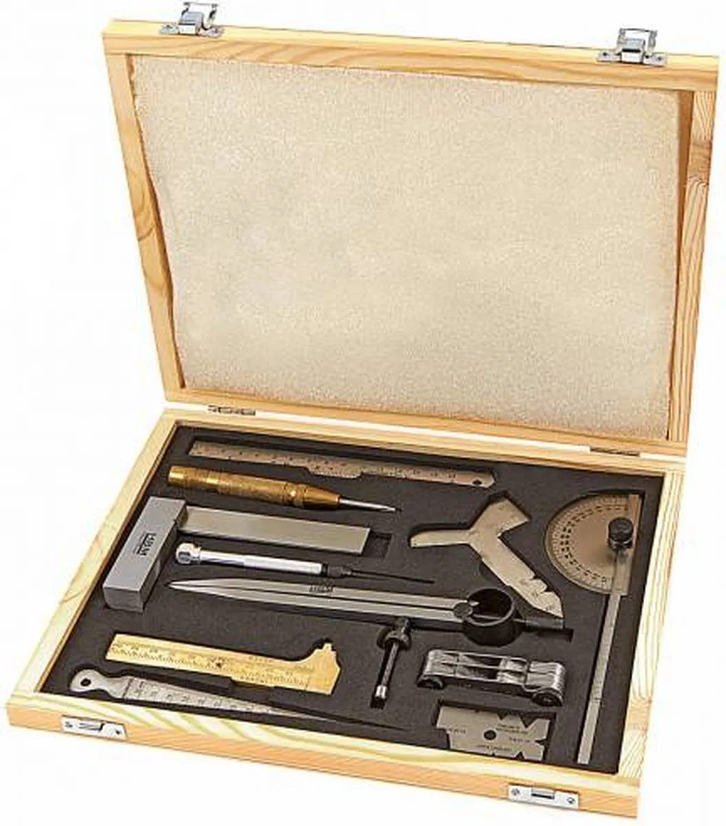HBM 11-delig Meetgereedschap & Aftekenset - Hout/Messing/Zilver