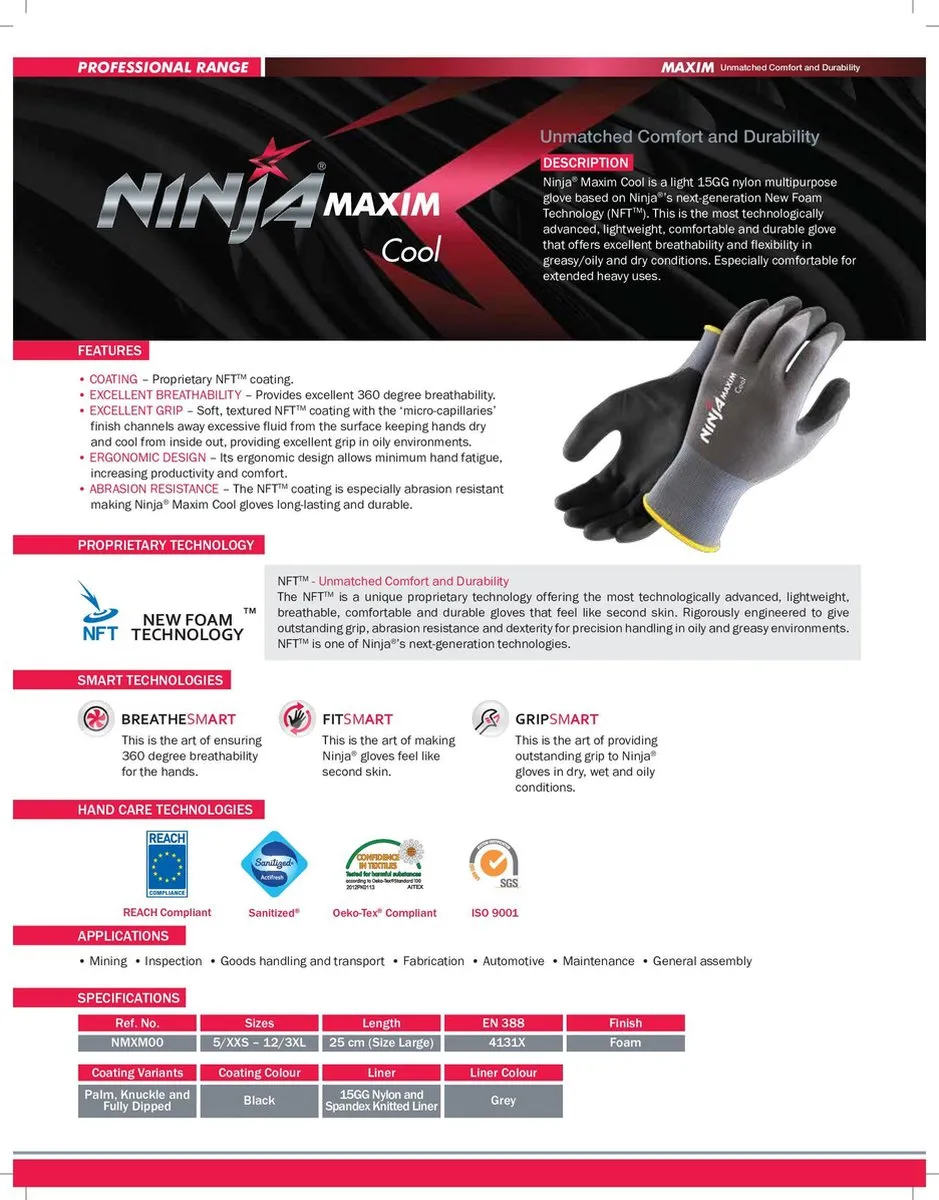 Ninja maxim cool allround montage werkhandschoenen 34872-080 luchtdoorlatend - nitril foam-coating - maat M/8