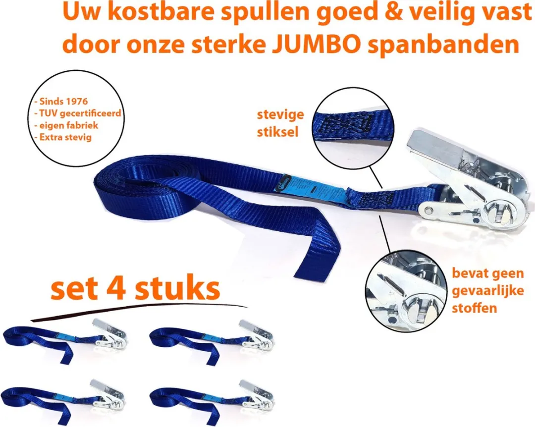 Jumbo Blauwe Spanband met Ratel 4 Stuks - 5m x 25mm - 600kg