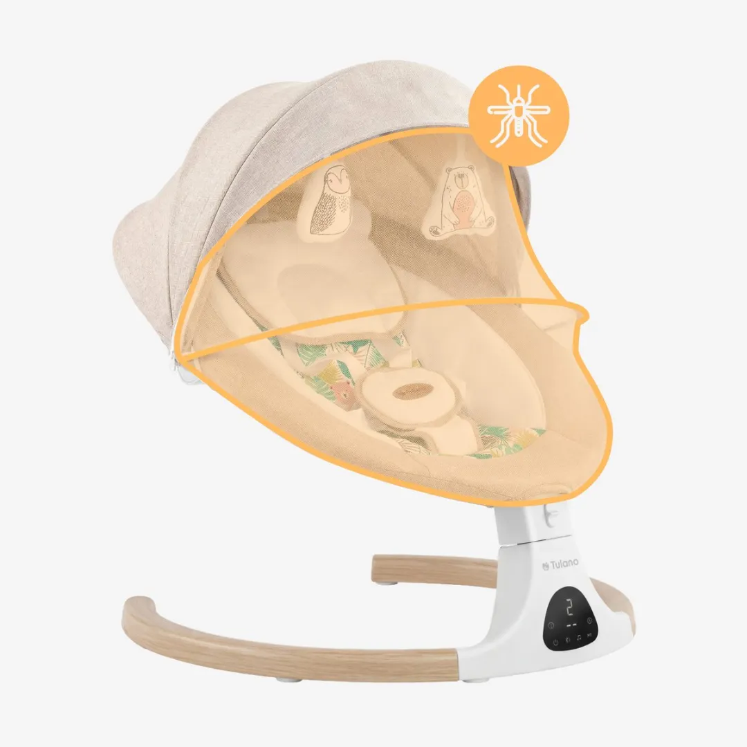 Tulano Astrid 35 Elektrische Babywipstoel met Muziek, Bluetooth, Timer, Bewegingssensor en Afstandsbediening – Inclusief Kussen, Speeltjes, Kap en Klamboe – Beige