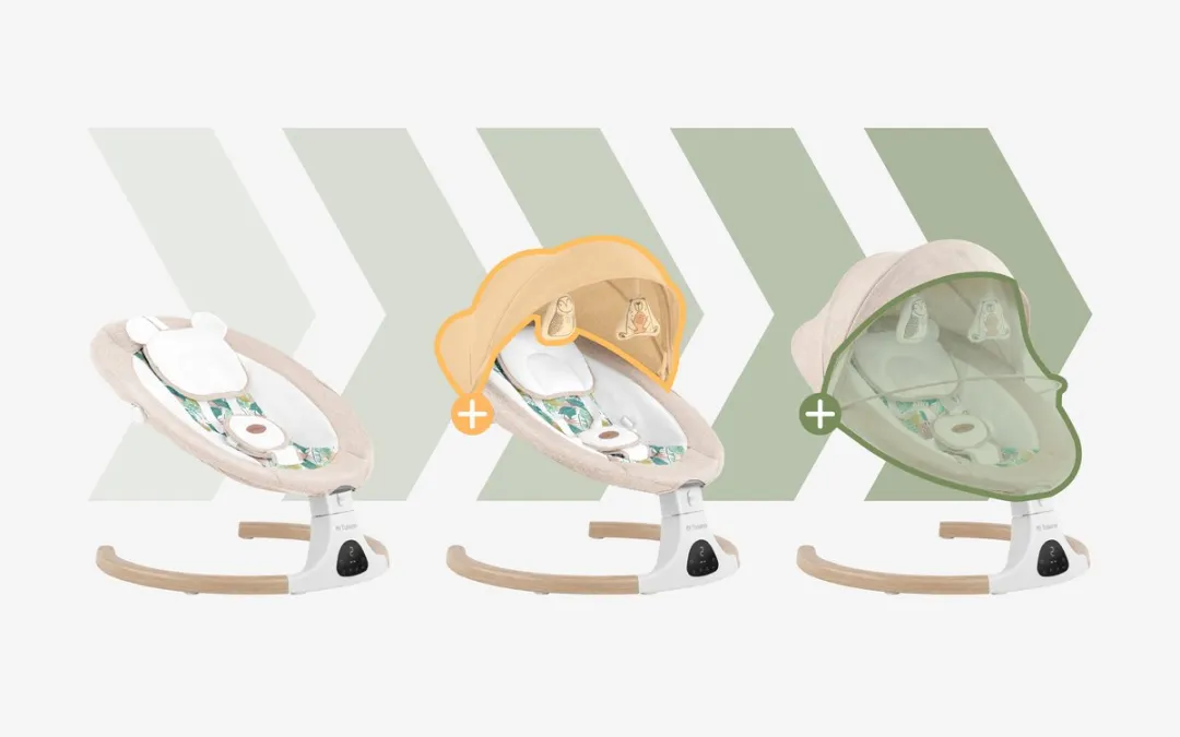 Tulano Astrid 35 Elektrische Babywipstoel met Muziek, Bluetooth, Timer, Bewegingssensor en Afstandsbediening – Inclusief Kussen, Speeltjes, Kap en Klamboe – Beige