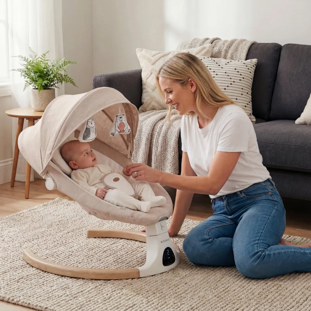 Tulano Astrid 35 Elektrische Babywipstoel met Muziek, Bluetooth, Timer, Bewegingssensor en Afstandsbediening – Inclusief Kussen, Speeltjes, Kap en Klamboe – Beige