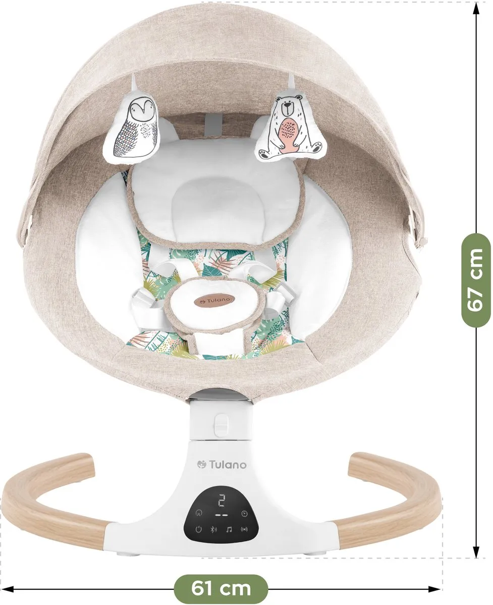 Tulano Astrid 35 Elektrische Babywipstoel met Muziek, Bluetooth, Timer, Bewegingssensor en Afstandsbediening – Inclusief Kussen, Speeltjes, Kap en Klamboe – Beige