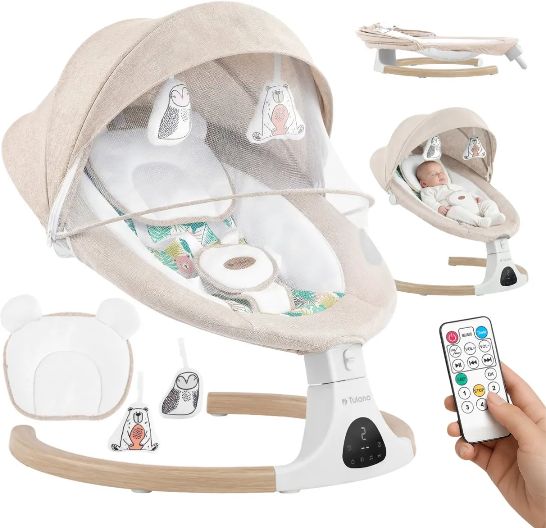 Tulano Astrid 35 Elektrische Babywipstoel met Muziek, Bluetooth, Timer, Bewegingssensor en Afstandsbediening – Inclusief Kussen, Speeltjes, Kap en Klamboe – Beige