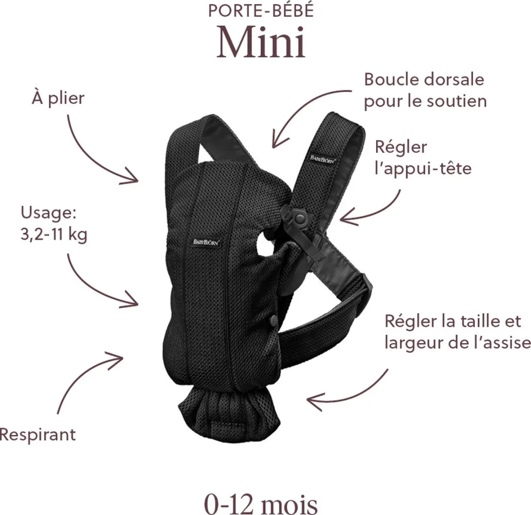 BabyBjörn Draagzak Mini - 3D Mesh - Zwart - Buikdrager – Heupvriendelijk – Gebruiksvriendelijk