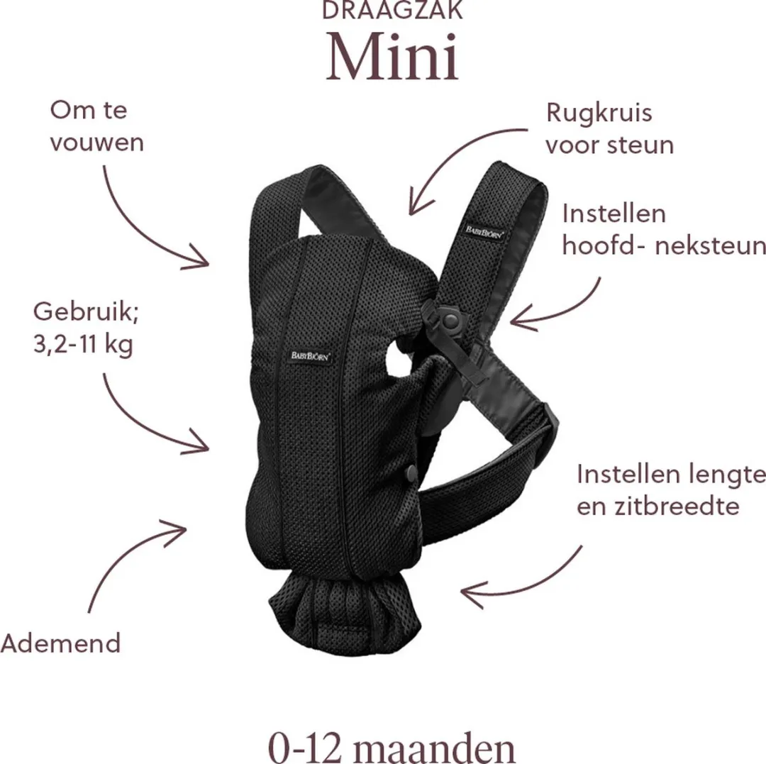 BabyBjörn Draagzak Mini - 3D Mesh - Zwart - Buikdrager – Heupvriendelijk – Gebruiksvriendelijk