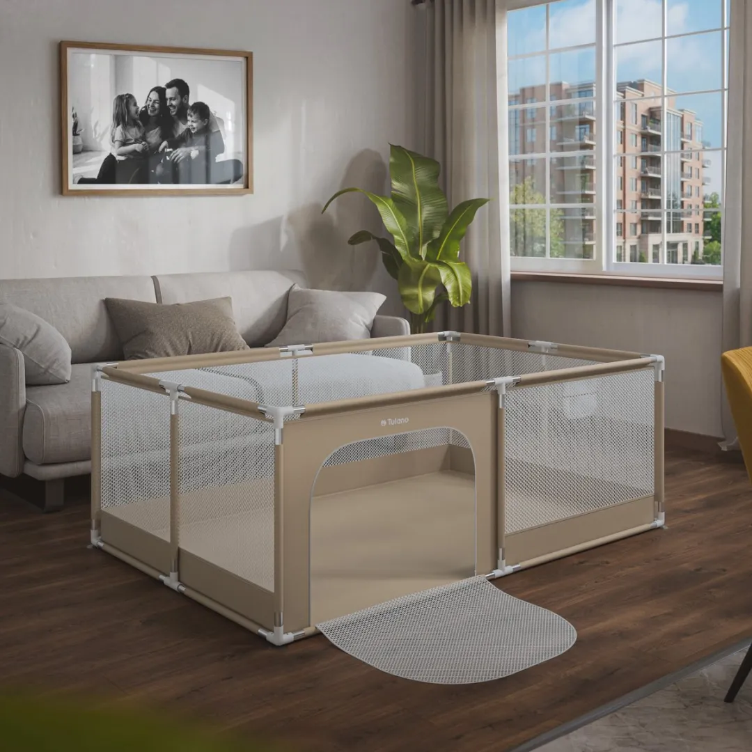 Tulano Cozy 22 - Grondbox / baby box / kinder box - 120x180 cm - voor binnen - ademend gaas - EN71-gecertificeerd - 6 tot 36 maanden - Beige