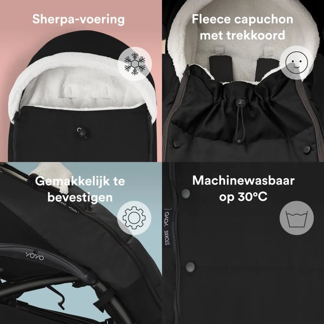 Stokke YOYO voetenzak, zwart - Sherpa-voering, fleece met trekkoord, dubbele vulling - Machinewasbaar op 30°C - Inclusief kleine tas