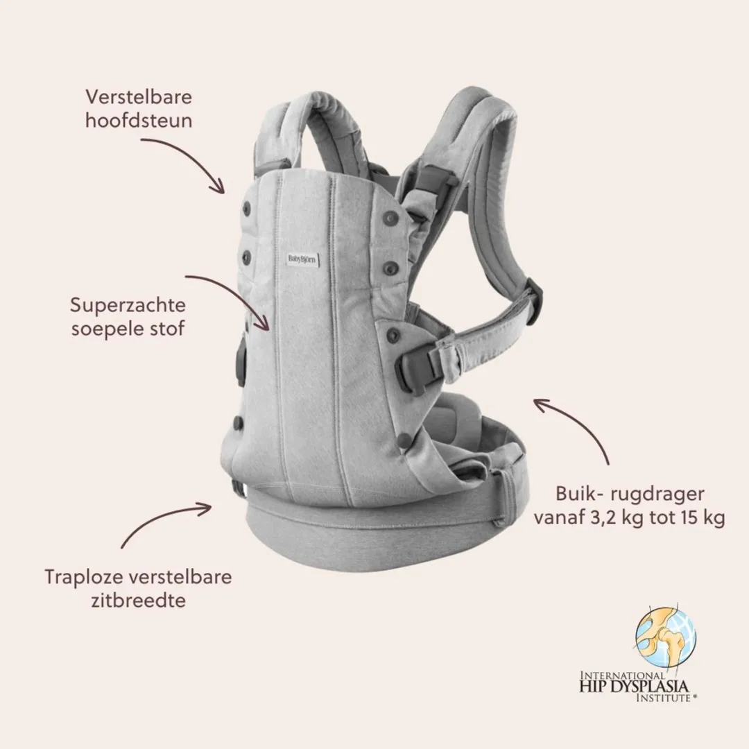 BabyBjörn Draagzak Harmony - Geweven mélange - Lichtgrijs - Buikdrager - Rugdrager - Ergonomisch - Zachte details