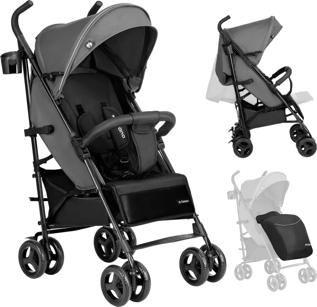 Tulano Davos 35 kinderwagen – Licht & compact – Verstelbare rugleuning – XXL Zonnekap – Inclusief voetenzak, muggennet en bekerhouder – Grijs