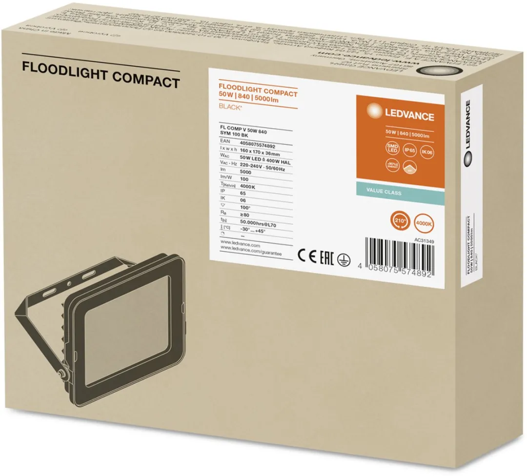 LEDVANCE LED Floodlight Compact 50W 5000lm - IP65 - Zwart - afbeelding 3 van 6