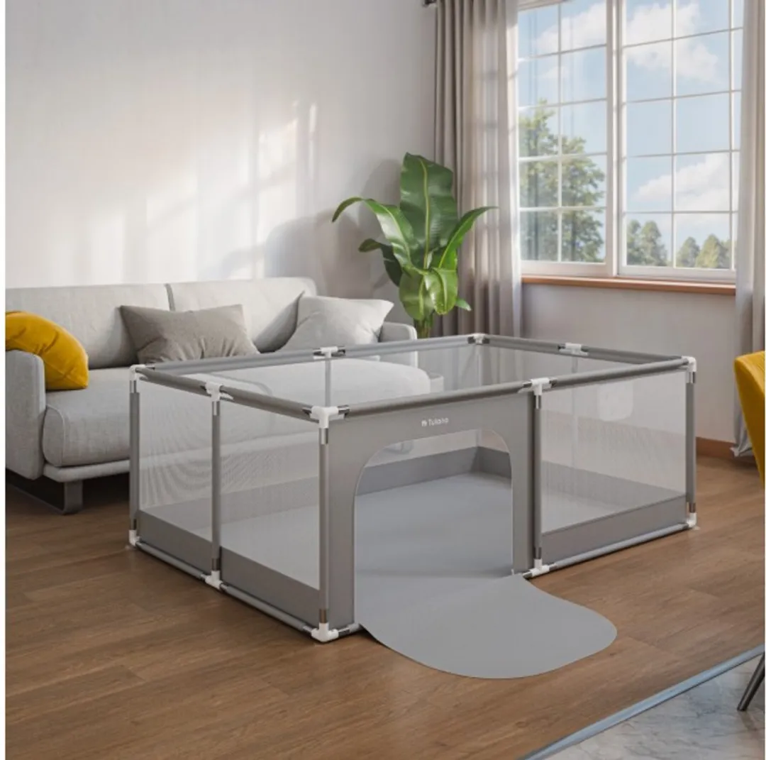 Tulano - Cozy 22 - babybox - kinderbox – 120x180 cm – voor binnen en buiten – grijs/wit – ademend gaas – EN71-gecertificeerd – 6 tot 36 maanden