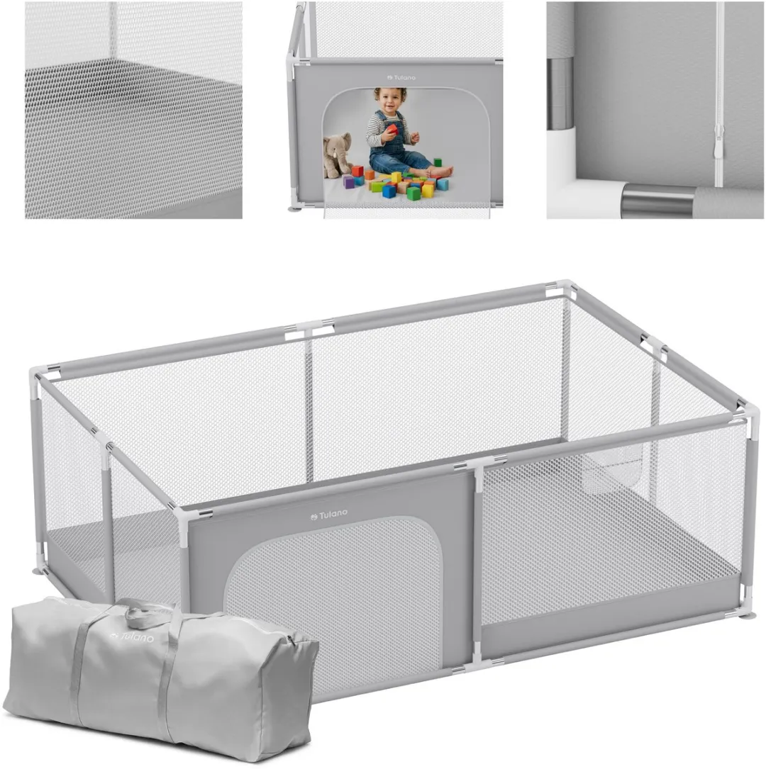 Tulano - Cozy 22 - babybox - kinderbox – 120x180 cm – voor binnen en buiten – grijs/wit – ademend gaas – EN71-gecertificeerd – 6 tot 36 maanden