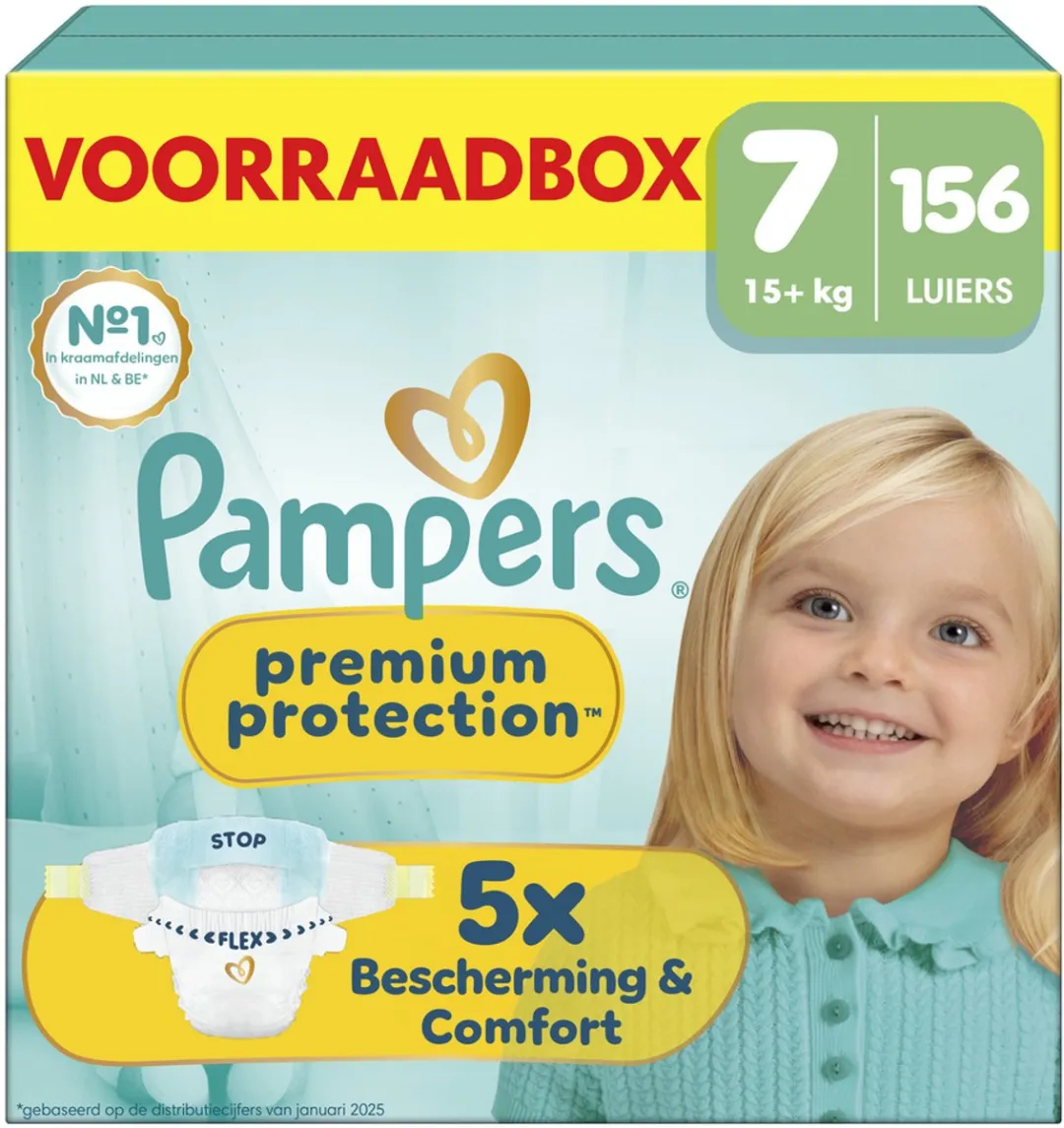 Pampers Premium Protection Maat 7 - 156 Luiers - 15kg+ - Voorraadbox