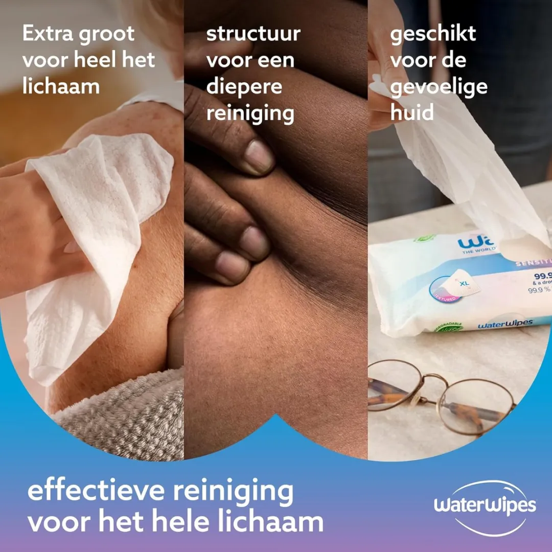 WaterWipes Gevoelige Doekjes voor Volwassenen - 180 Doekjes (6 Pakjes) - Extra Groot en Zacht voor de Gevoelige Huid