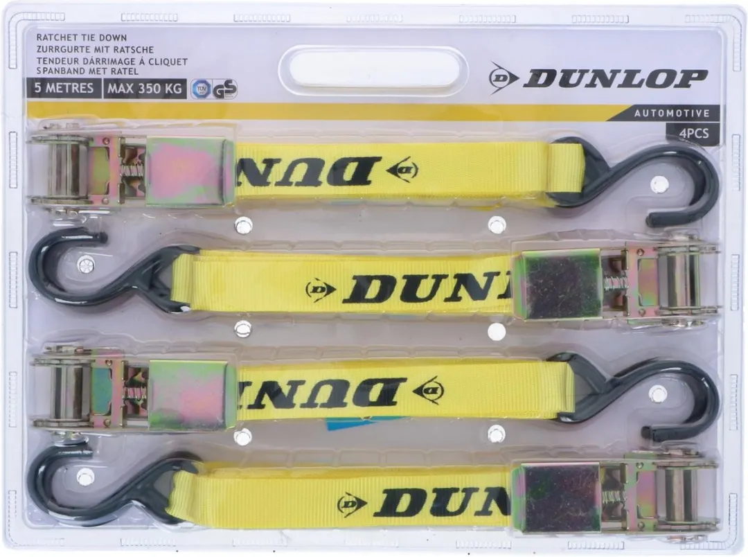 Dunlop Spanbanden met ratel 350kg - 5m - 4 Stuks - Zwart/Geel