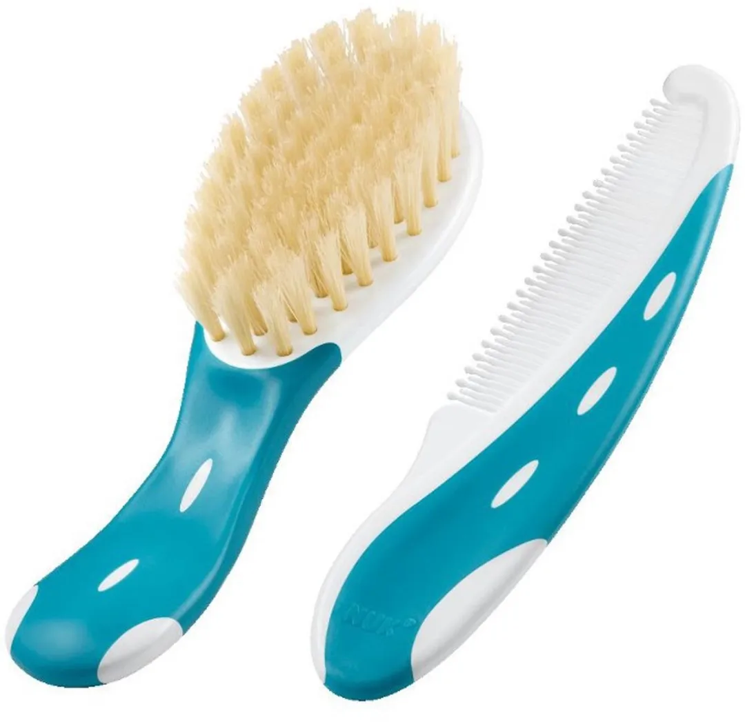 NUK - Babyborstel - Haarborstel blauw met natuurlijke vezels en kam - haarverzorging - kam - hoofdhuidmassage - antislip handgreep - verzorging