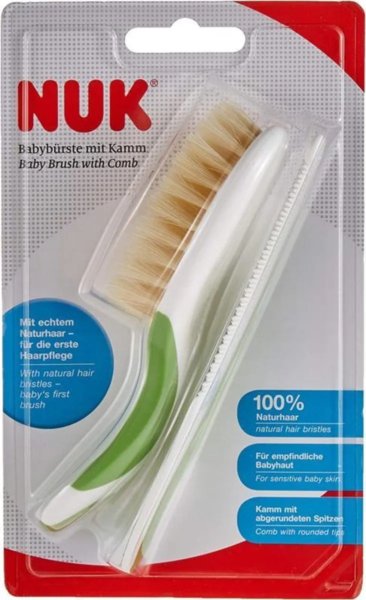 NUK - Babyborstel - Haarborstel blauw met natuurlijke vezels en kam - haarverzorging - kam - hoofdhuidmassage - antislip handgreep - verzorging