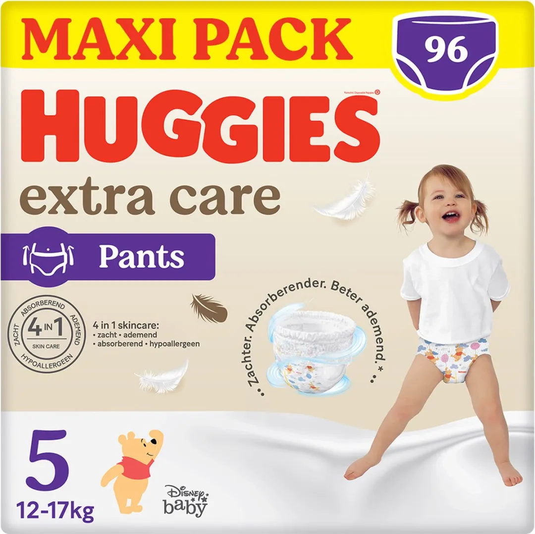 Huggies® Extra Care baby luierbroekjes, Maat 5 (12 tot 17kg), 96 luiers met zachte elastische tailleband en Disney designs, Maxi Pack