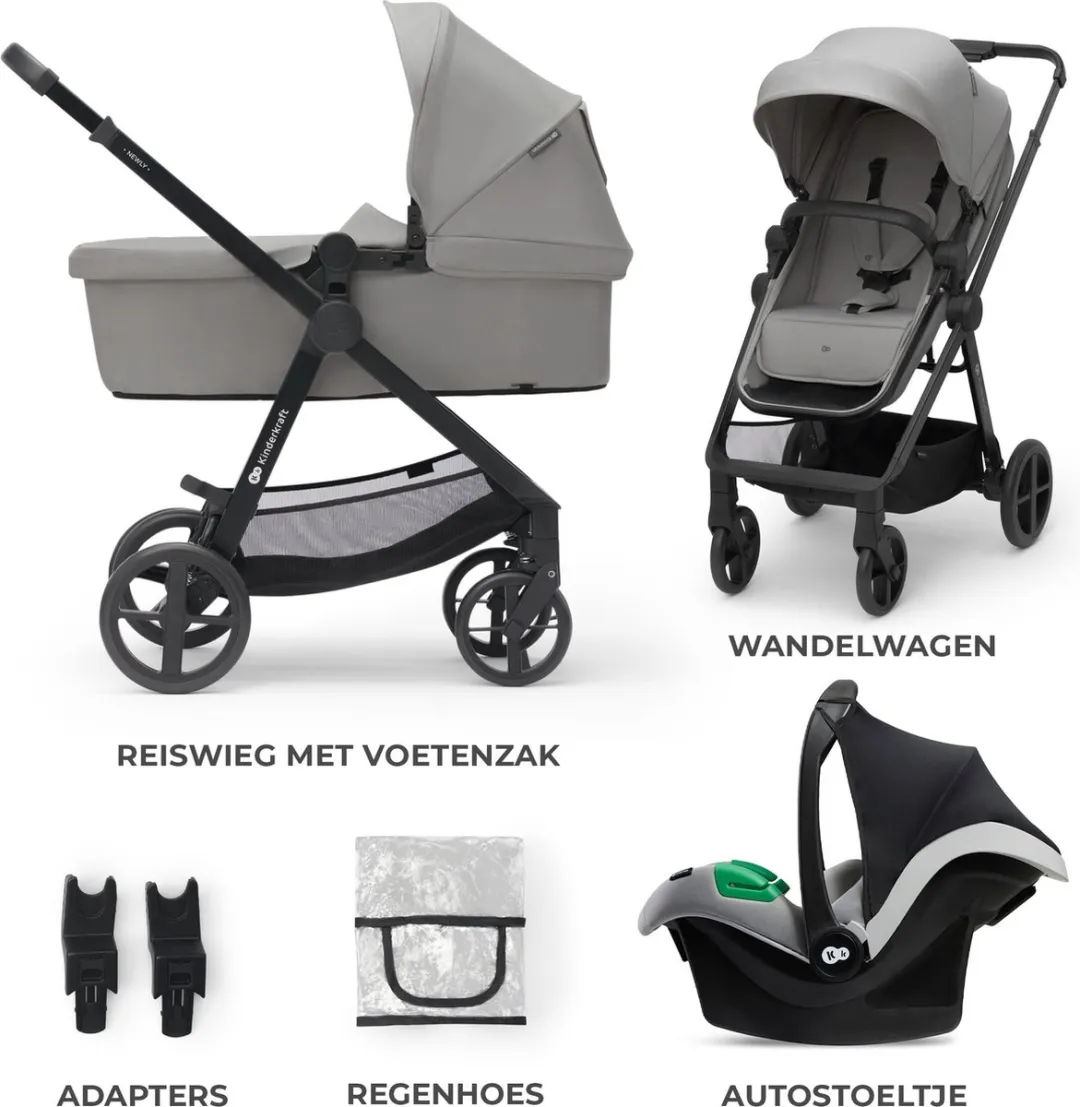 KinderKraft NEWLY 3-in-1 Kinderwagen - MINK PRO i-Size Autostoel Grijs