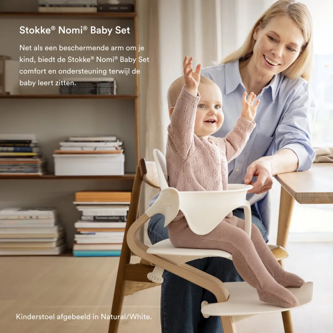 Stokke Nomi stoel (walnoot/wit) met babyset (wit) - Stimuleert actief zitten en biedt ondersteuning als je baby leert zitten - Kan tot 150 kg dragen