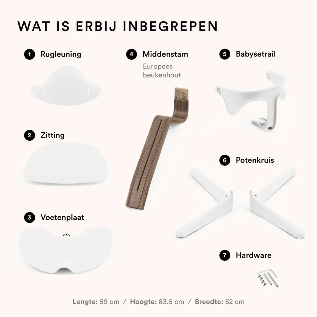 Stokke Nomi stoel (walnoot/wit) met babyset (wit) - Stimuleert actief zitten en biedt ondersteuning als je baby leert zitten - Kan tot 150 kg dragen