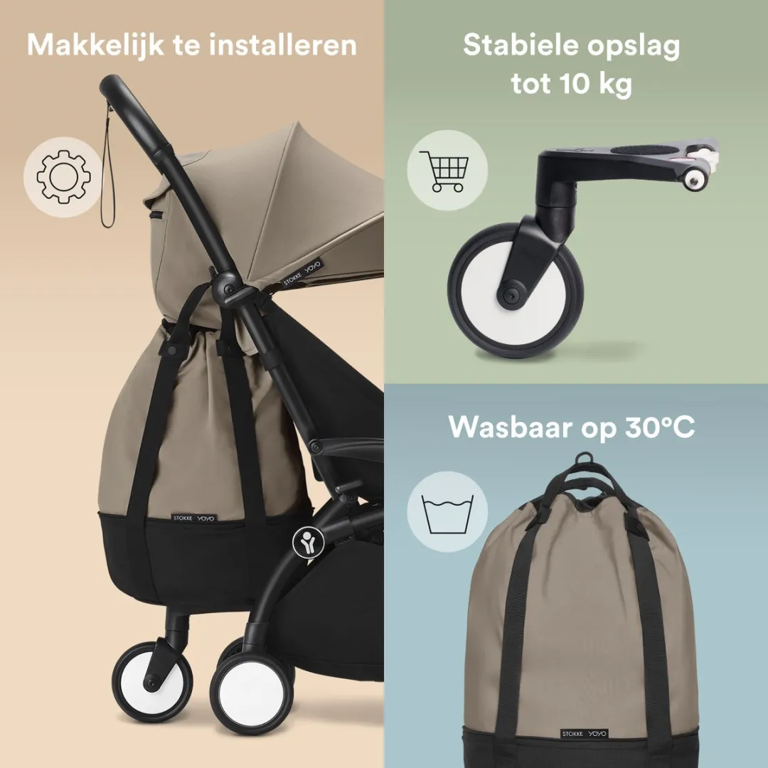 Stokke YOYO-tas, Taupe - Extra opbergruimte voor de YOYO-kinderwagen - Eenvoudig te bevestigen - Heeft geen invloed op de wendbaarheid- Wasbaar op 30°C
