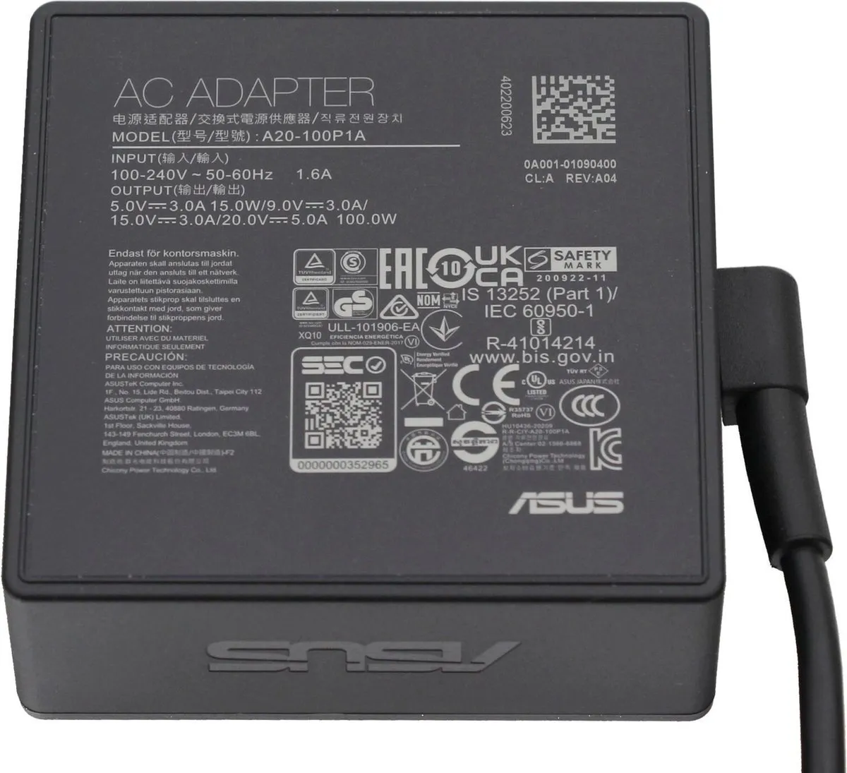 ASUS 0A001-01090500 USB-C Oplader 100W - Zwart