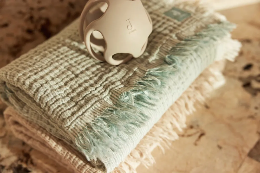 Jollein Deken Wieg Jersey 75x100cm - Fringe Stripe Sea Green/Ivory - GOTS