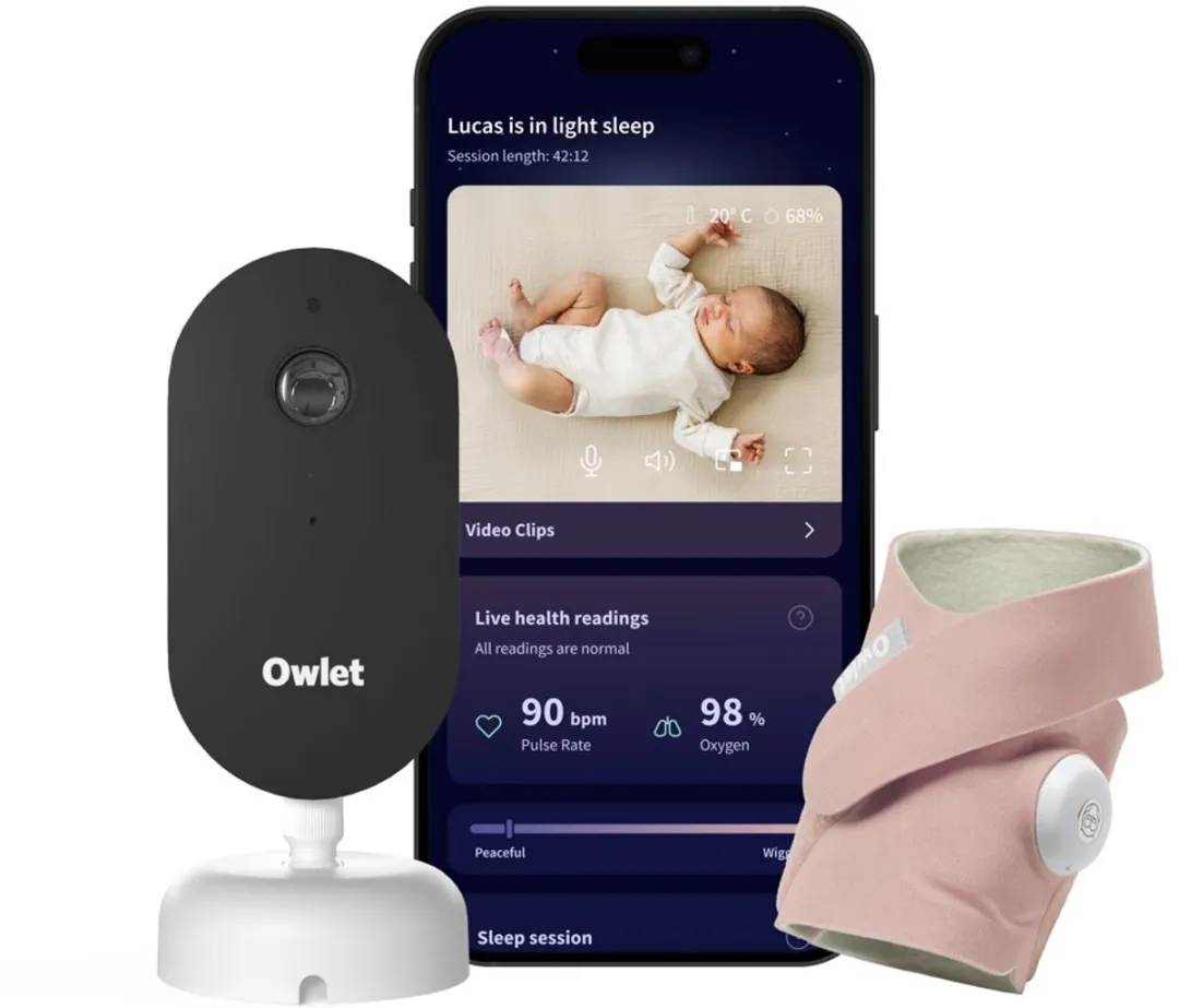 Owlet Dream Duo: Dream Sight™ Camera & Dream sock™ – Medische Baby Monitor met 2K HD Camera en Gezondheidsmeting – Hartslag, Zuurstof & Temperatuur – Roze