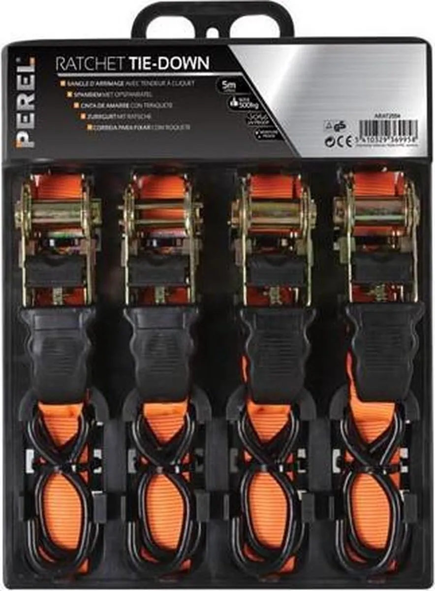 Perel Toolland Spanbanden 4x 5m x 25mm - 500kg - UV-bestendig - Oranje/Zwart
