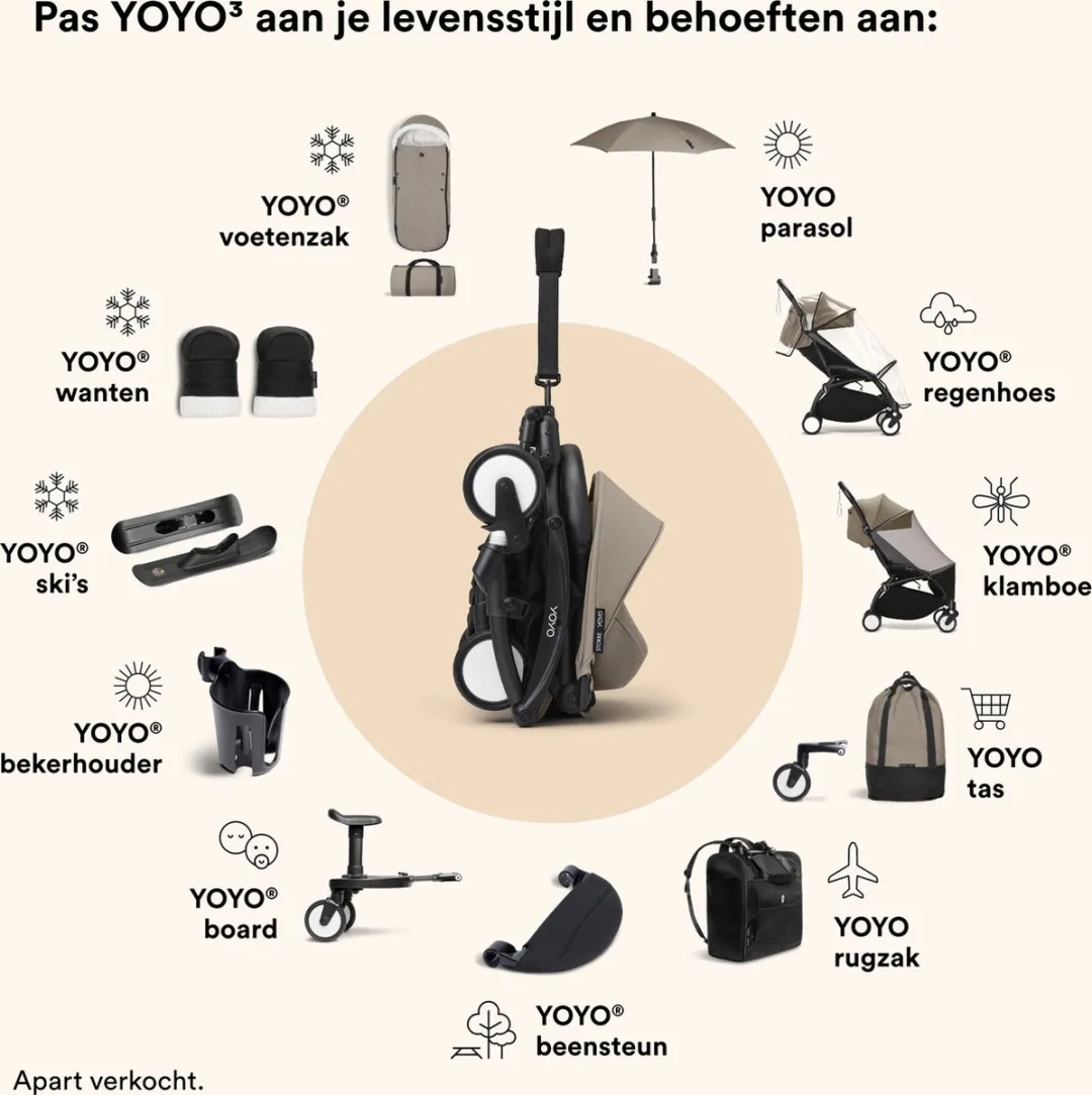 Stokke YOYO 6+ Color Pack, Taupe - Textiel: zitkussen, uitschuifbare luifel en achterzak met ritssluiting - Voor het YOYO-frame (los verkrijgbaar)