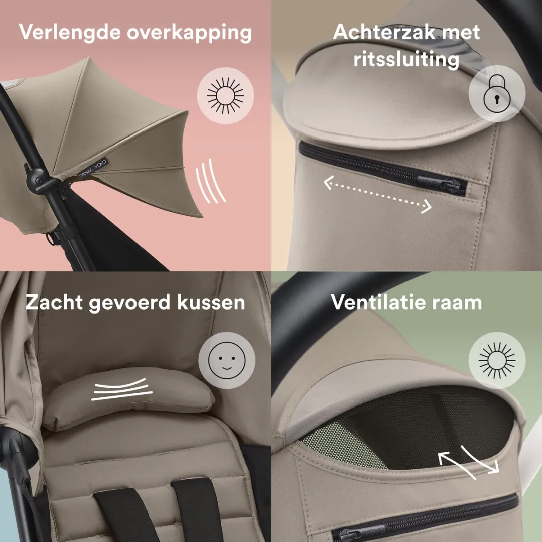 Stokke YOYO 6+ Color Pack, Taupe - Textiel: zitkussen, uitschuifbare luifel en achterzak met ritssluiting - Voor het YOYO-frame (los verkrijgbaar)